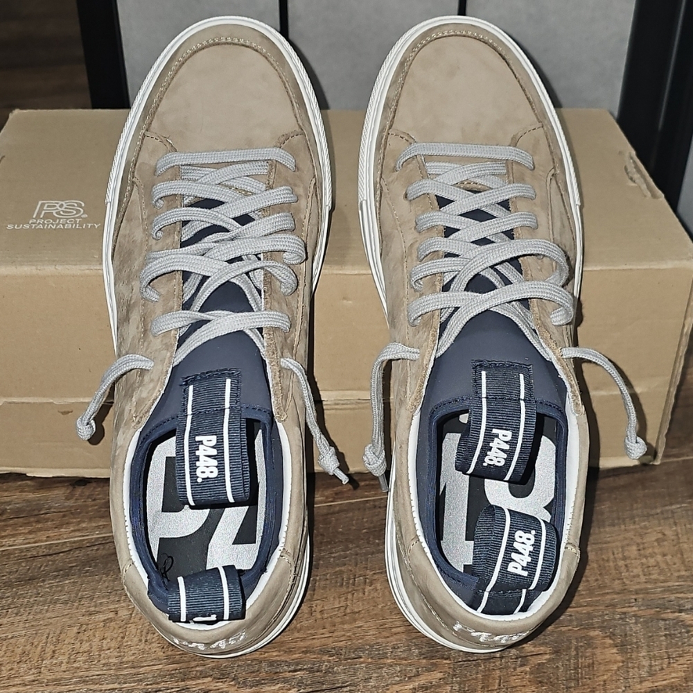 P448 Beige Soho Leather Sneakers Shoes Size 10.5 New Made In Italy - Picture 5 of 12